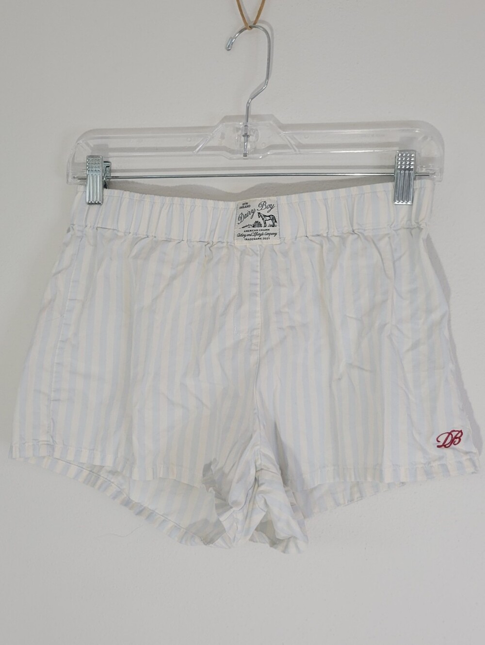 Dairy Boy Children Size S/M Striped Cotton Lounge Shorts in Light Blue and White